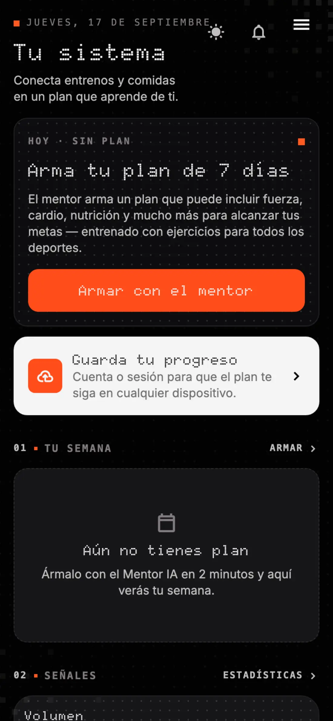 Plan del día de Evolution en tema oscuro